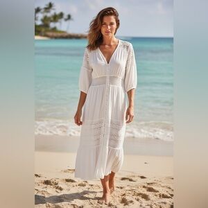 White Lace Crochet Swimsuit Coverup Boho Chic Midi Dress One Size